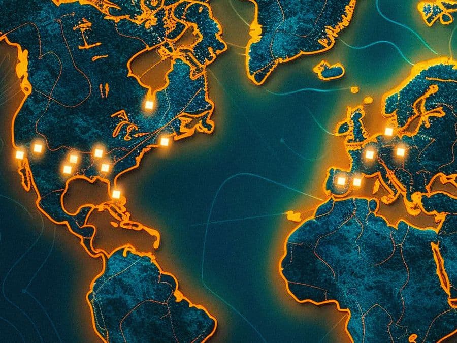 Illuminated map of city locations across North America and Europe