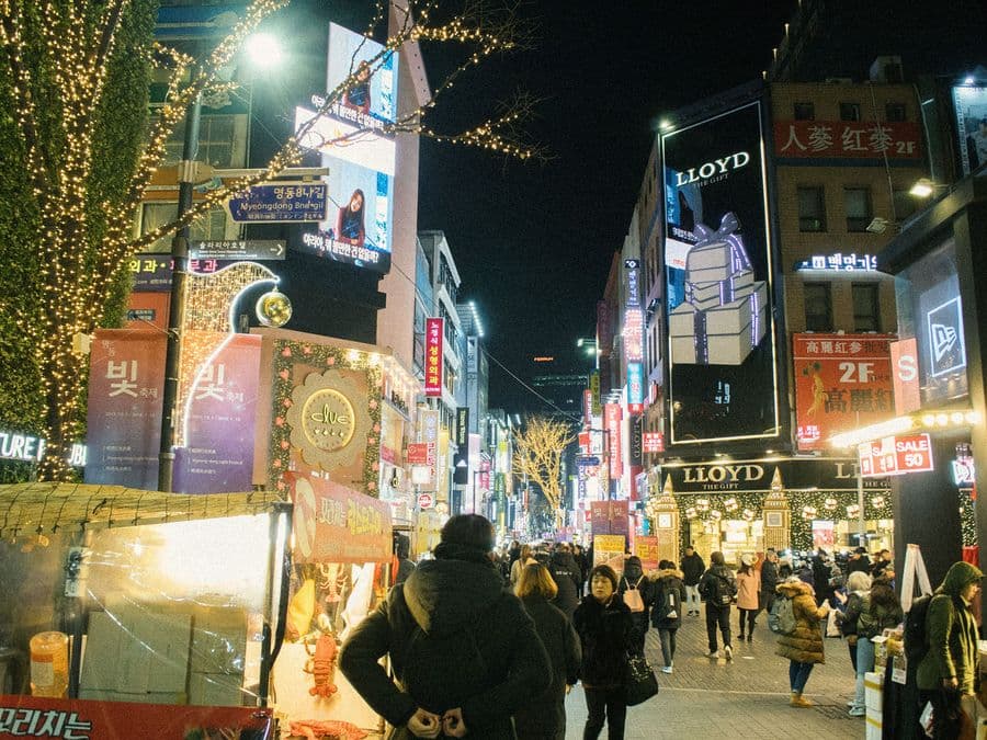 Myeongdong shopping street in Seoul at night