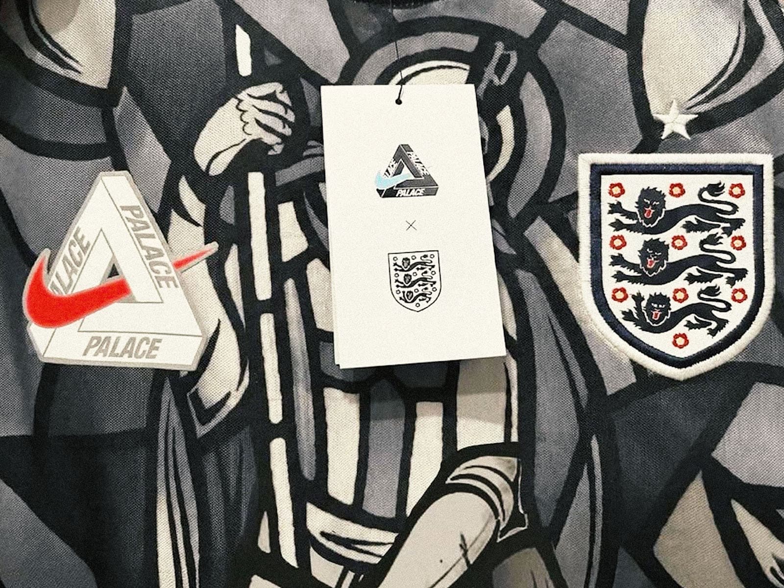 Palace and England collaboration product tags at a brand launch