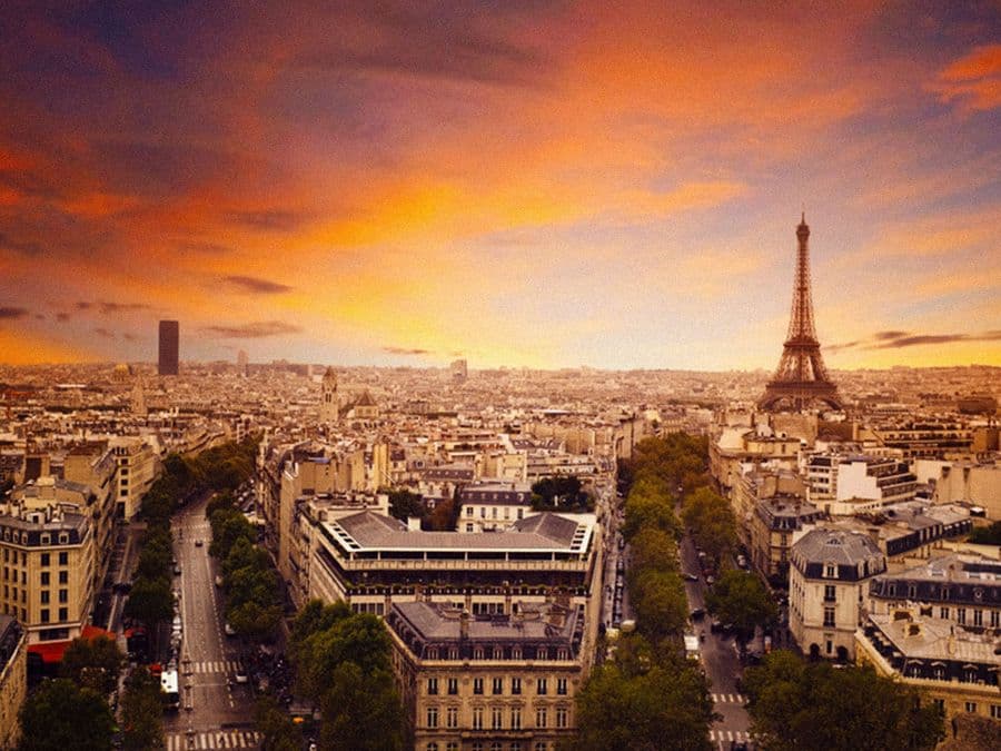 Paris skyline with the Eiffel Tower at sunset