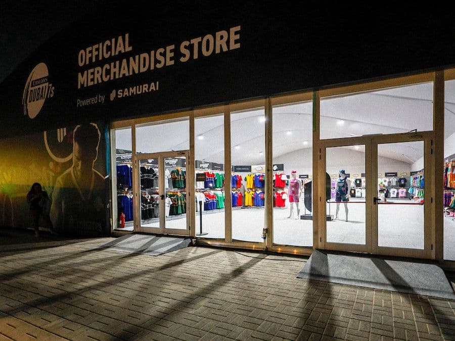 Official merchandise store at the Dubai Rugby 7s at night
