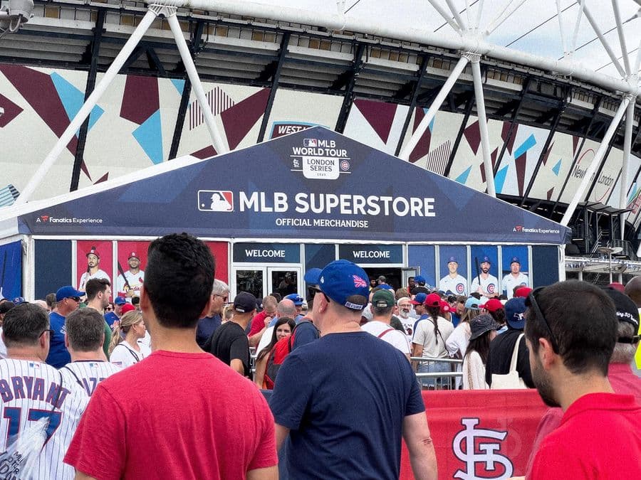 Fans outside the MLB Superstore marquee at London Stadium