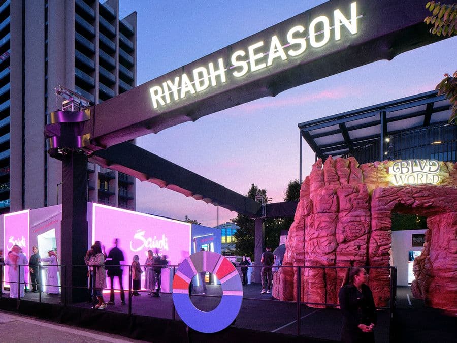 Riyadh Season themed entrance and hospitality build at dusk